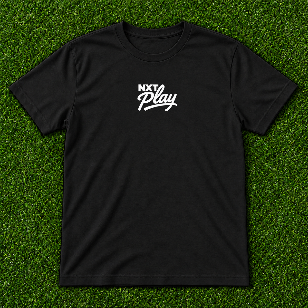 Black NXT Play Athletics script t-shirt, large white back logo