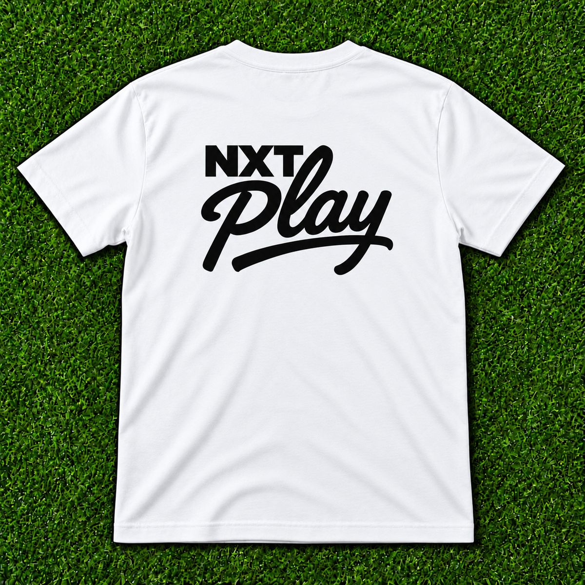 White NXT Play Athletics script t-shirt, large back logo