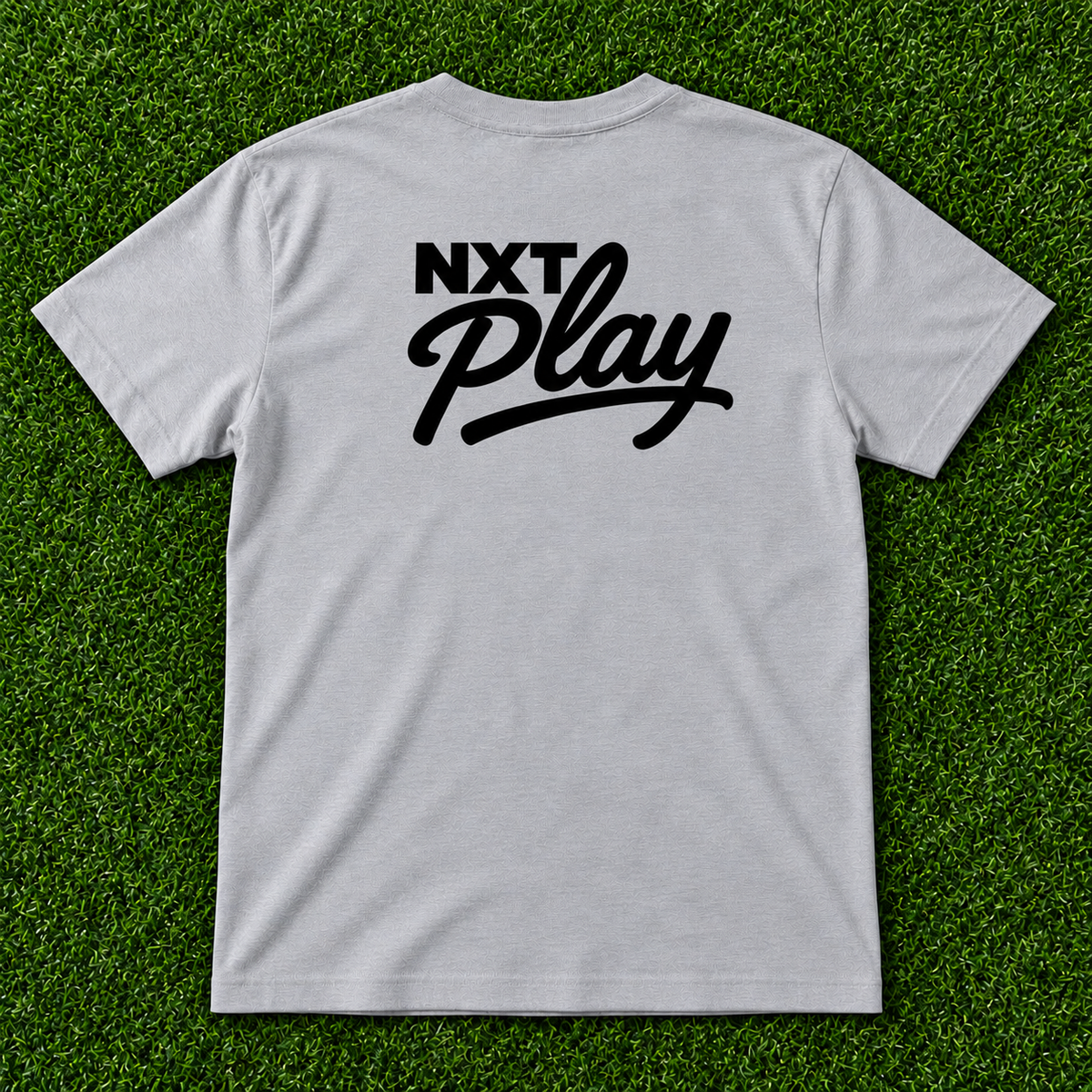 Gray NXT Play Athletics script t-shirt, large back logo