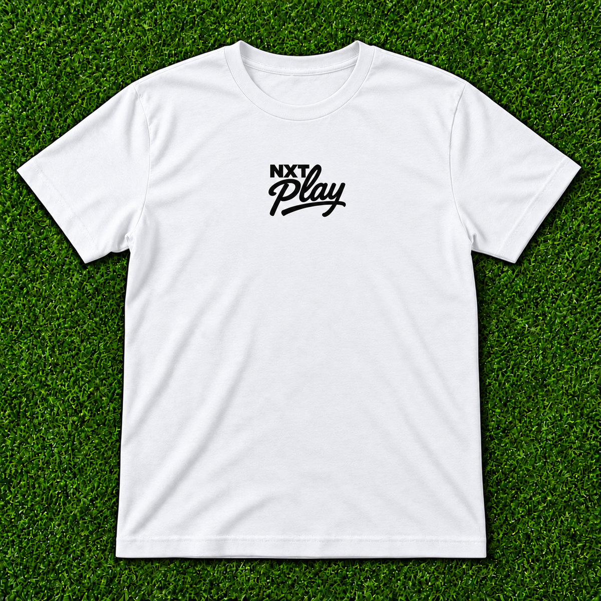White NXT Play Athletics script t-shirt, front view