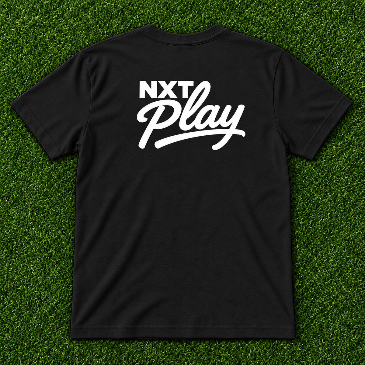 Black NXT Play Athletics script t-shirt, large white back logo