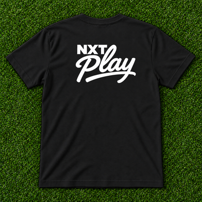 Black NXT Play Athletics script t-shirt, large white back logo