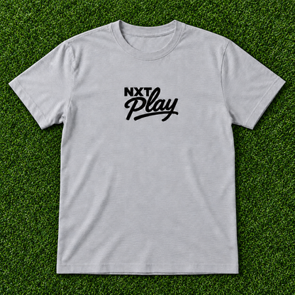 Gray NXT Play Athletics script baseball softball t-shirt, front view