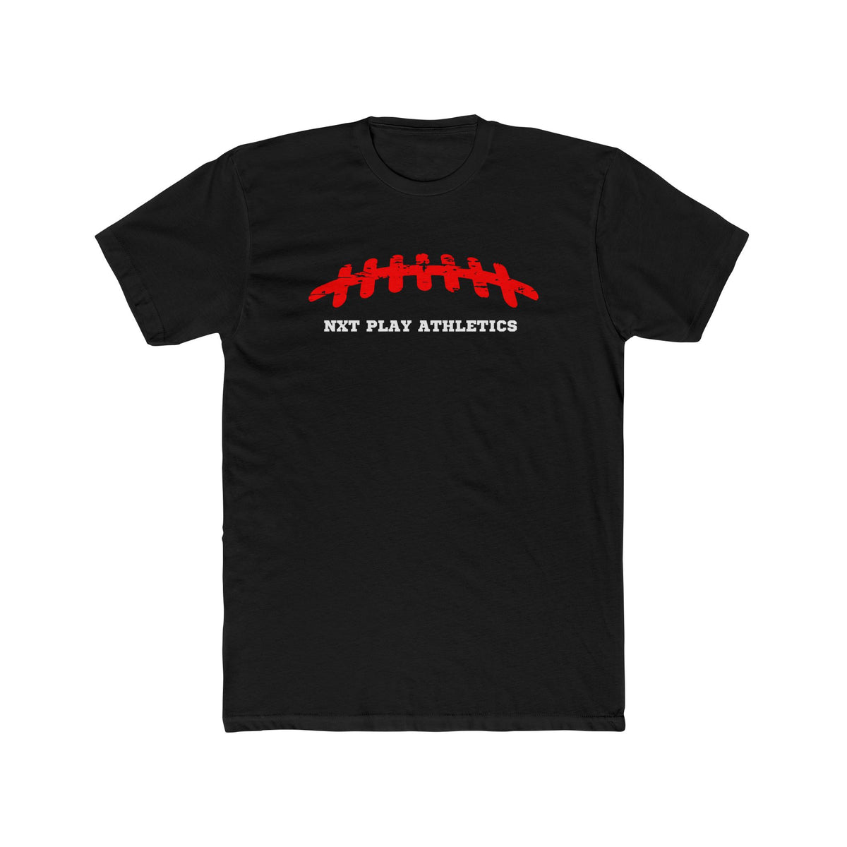 A black short-sleeve crewneck t-shirt featuring a red graphic of a football laces shape above the white text NXT PLAY ATHLETICS on the chest