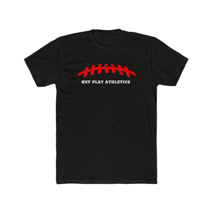A black short-sleeve crewneck t-shirt featuring a red graphic of a football laces shape above the white text NXT PLAY ATHLETICS on the chest
