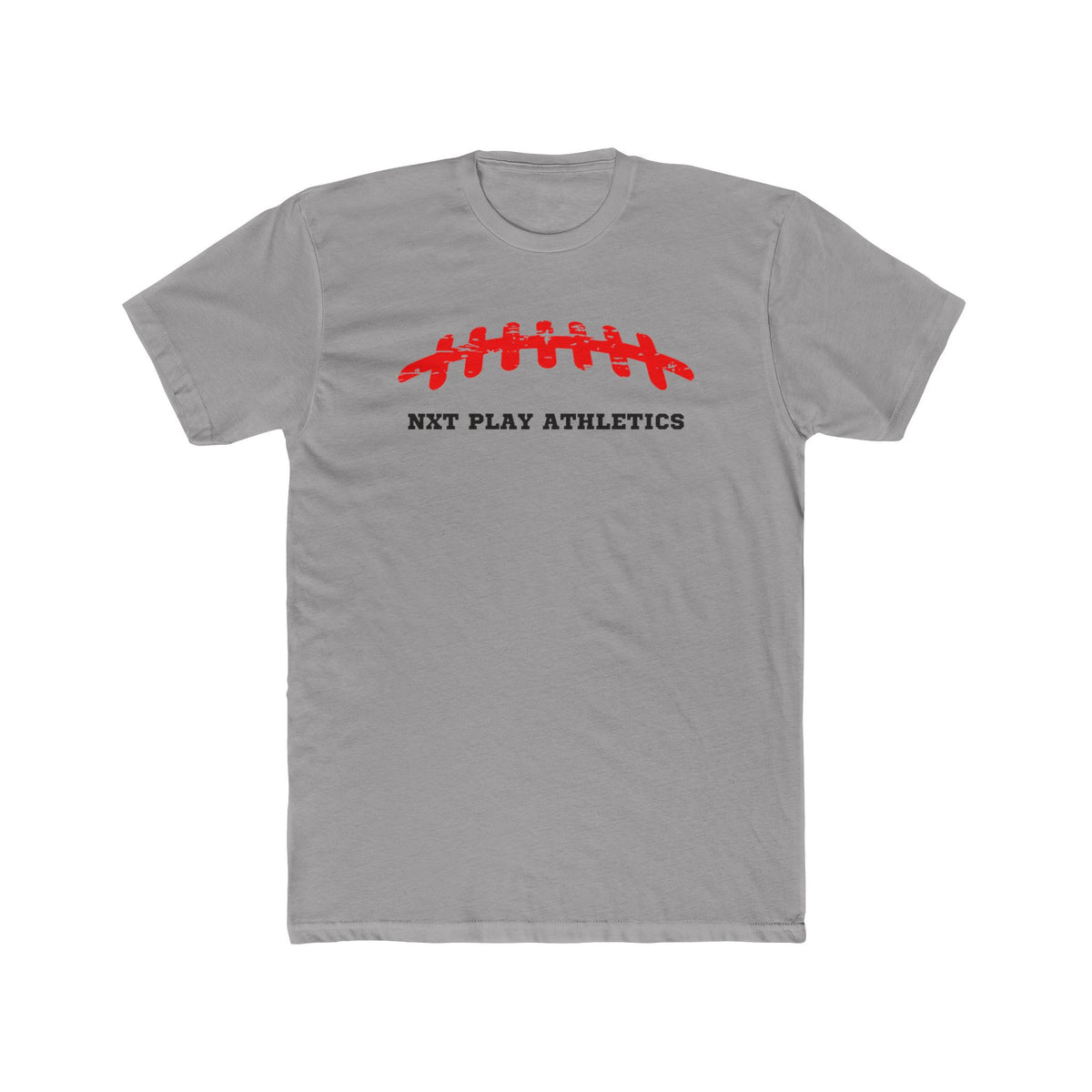 A heather gray short-sleeve crewneck t-shirt featuring a red graphic of a football with the word 'ATHLETICS' stitched across it, and the text 'NXT PLAY ATHLETICS' printed in black underneath