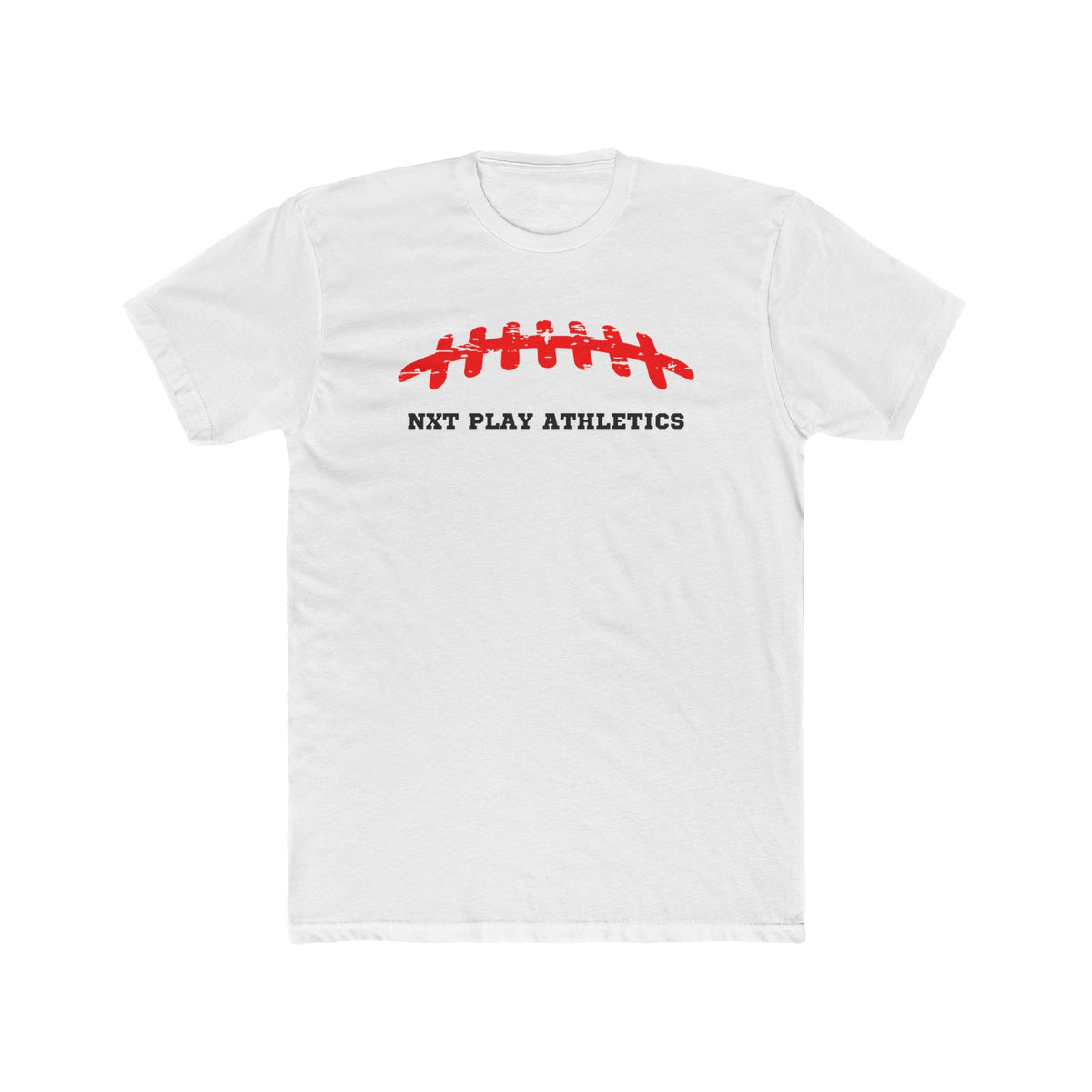 White NXT Play Athletics football laces adult t-shirt, front view
